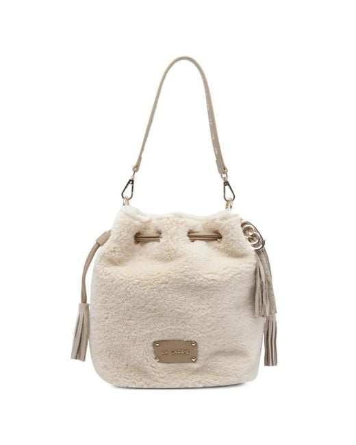 La Carrie Natural Teddy-Texture Drawstring Bucket Bag
