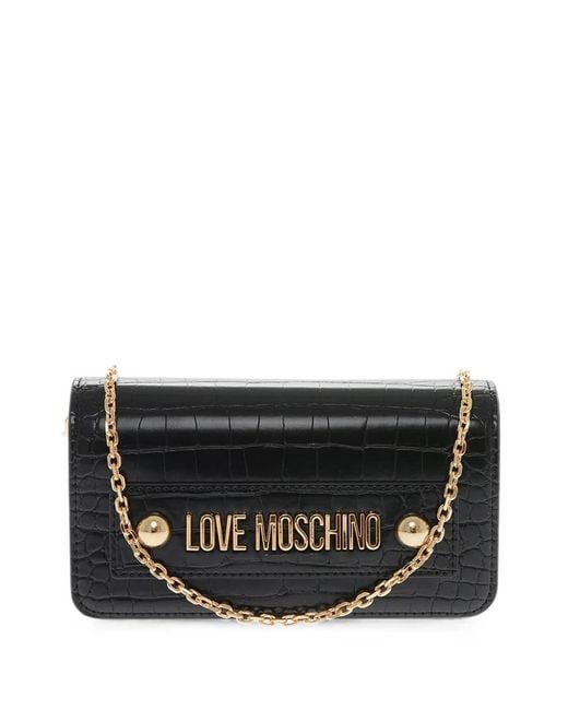 Love Moschino Black Crocodile-Effect Logo-Emebllished Shoulder Bag