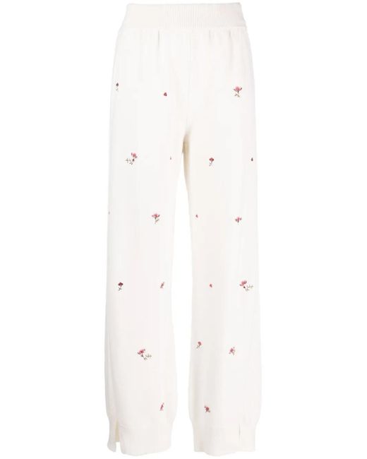 Barrie White Floral-Embroidery Cashmere Trousers