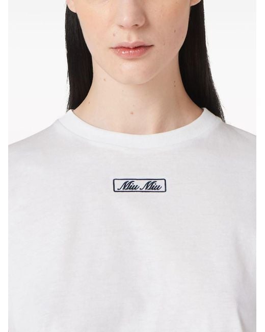 T-shirt en coton à logo brodé Miu Miu en coloris White