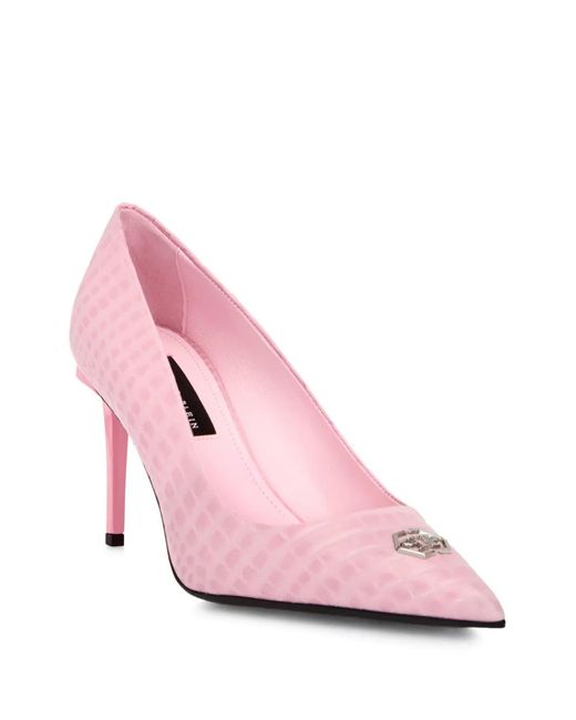 Philipp Plein Pink Croco Print Decolette Mid Heels Hexagon 9