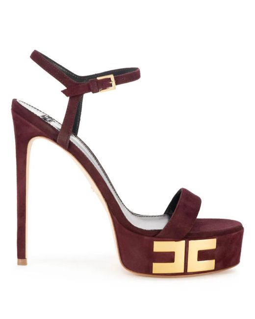 Elisabetta Franchi Brown 135Mm Logo Suede Platform Sandals