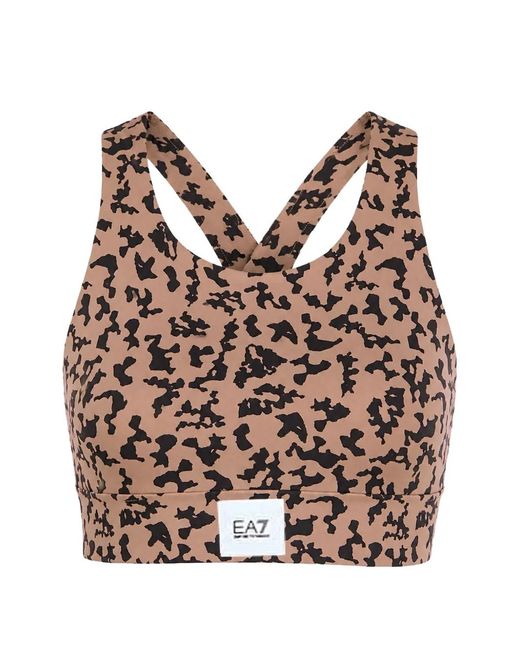 EA7 Brown Animal-Print Crossover-Strap Sports Bra