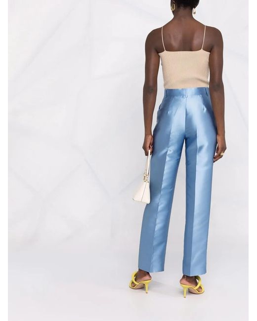 Alberta Ferretti Blue Satin Finish Straight-Leg Trousers