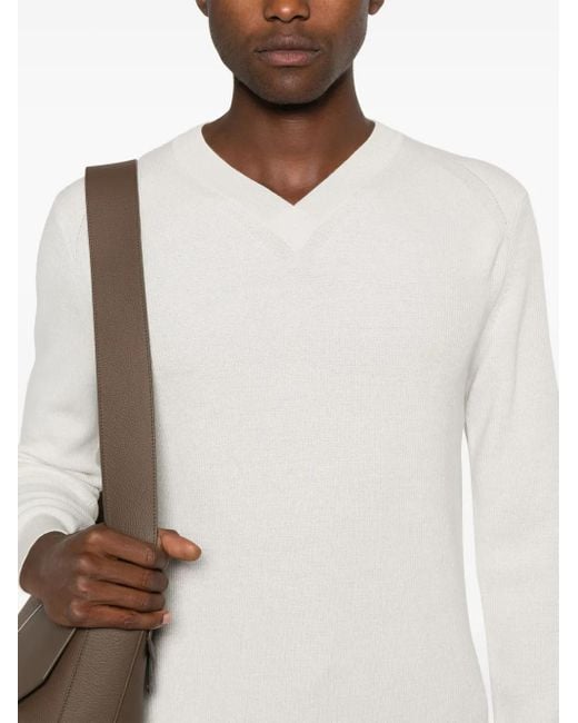 Brioni White Felted Cashmere-Wool V-Neck Ribbed Sweater for men