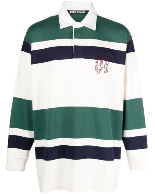 Palm Angels Green Striped Cotton Polo Shirt for men