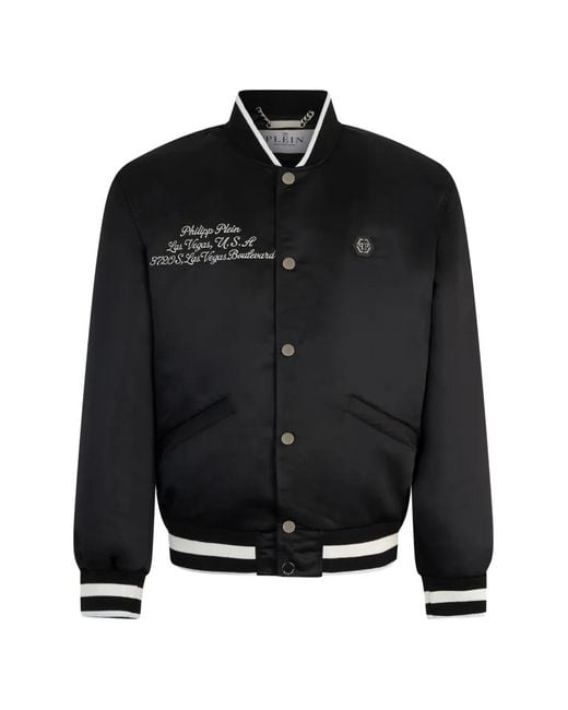 Philipp Plein Black Shiny Satin Varsity Bomber Signature Las Vegas for men