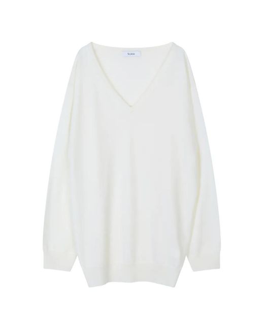 Stylein White V-Neck Drop-Shoulder Sweater
