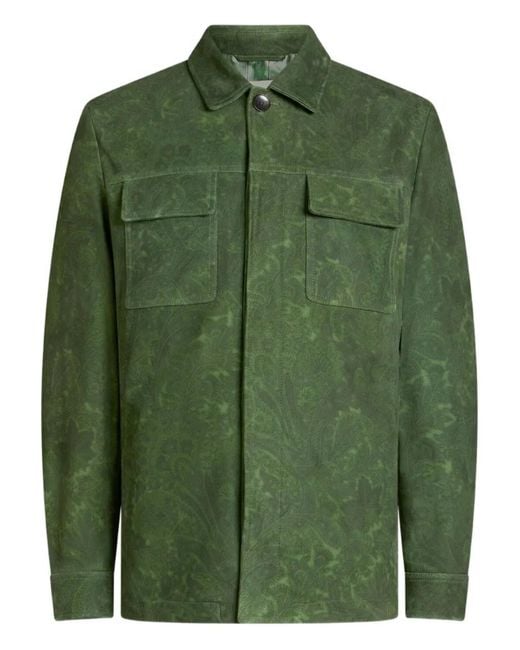 Etro Green Suede Jacket With Floral Paisley Pattern for men