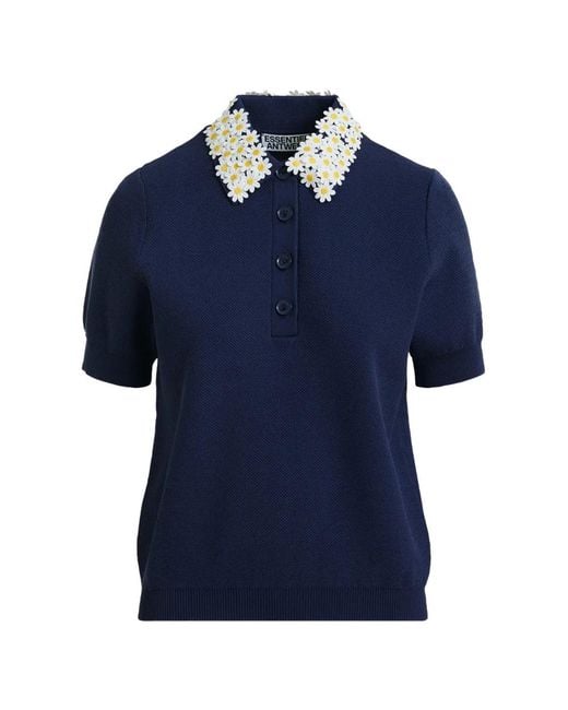 Essentiel Antwerp Blue Floral-Embellished Fine-Knit Polo Top