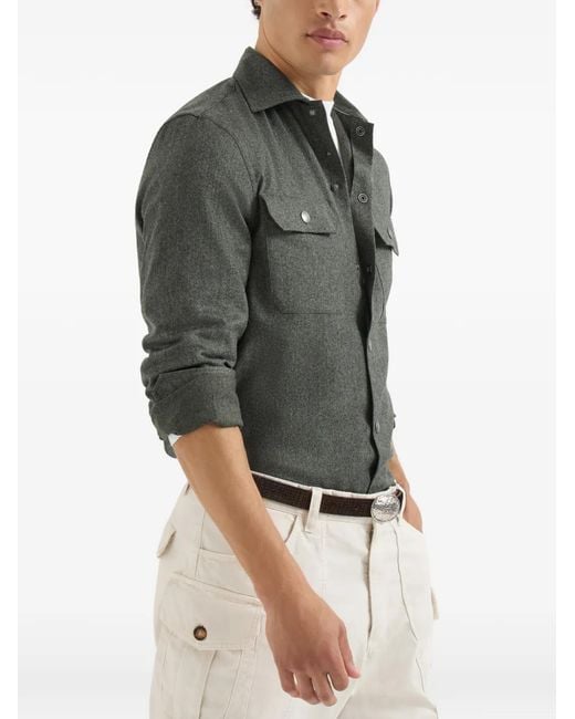 Brunello Cucinelli Gray Virgin Wool Flannel Overshirt With Spread Collar And Chest Pockets for men