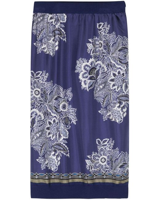 Etro Blue Floral-print Knitted Midi Skirt