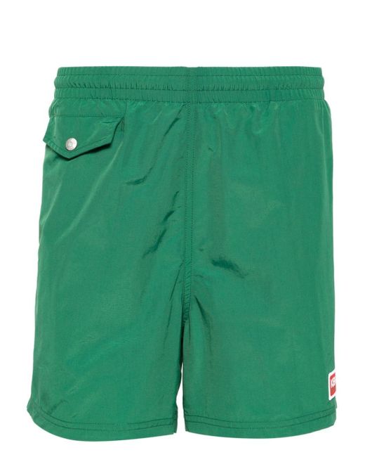 KENZO Green Swim Shorts With Logo Patch for men