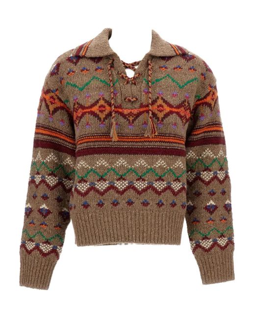 Polo Ralph Lauren Brown Jacquard Patterned Wool Sweater With Lace-Up V-Neck