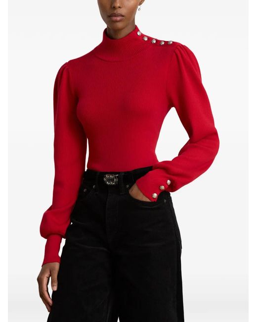 Ralph Lauren Red Button-Trim Ribbed-Knit Sweater
