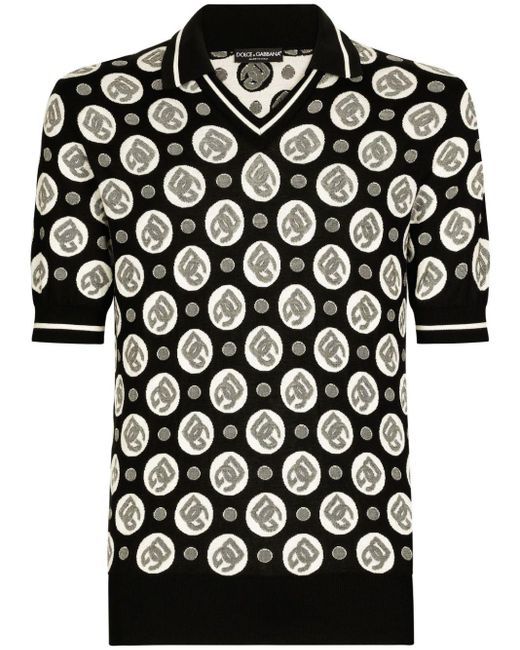 Dolce & Gabbana Black Logo-print Silk Polo Shirt for men