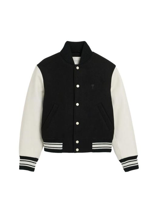 AMI Black Wool And Leather Padded Teddy Jacket With Embroidery for men
