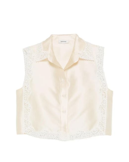 Sandro White Cropped Shirt With Lace Details