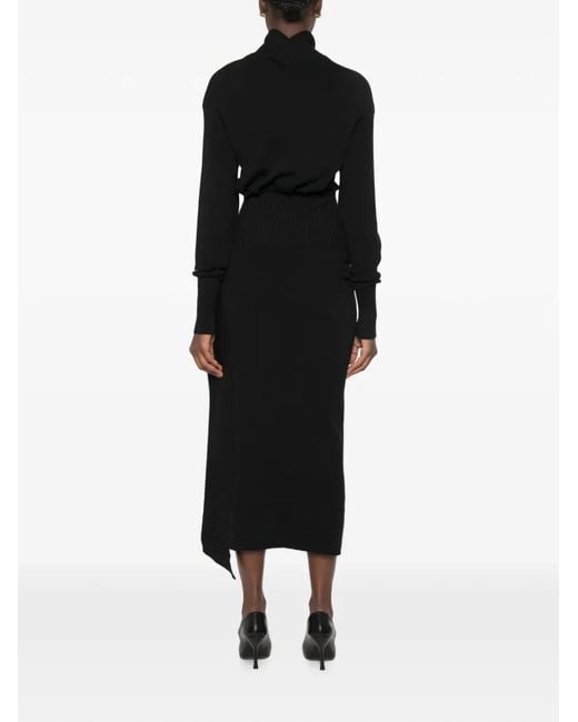 Lanvin Black Ribbed-Knit Turtleneck Asymmetric Dress