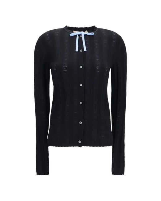 Marni Blue Bow-Detail Textured-Knit Cardigan