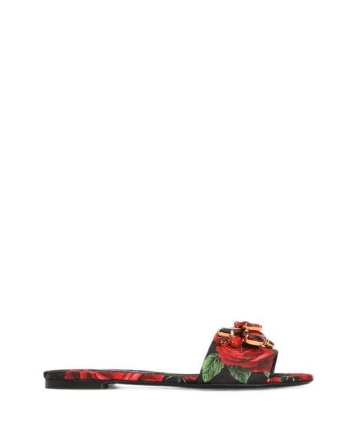 Dolce & Gabbana White Rose-Print Brocade Flat Slides