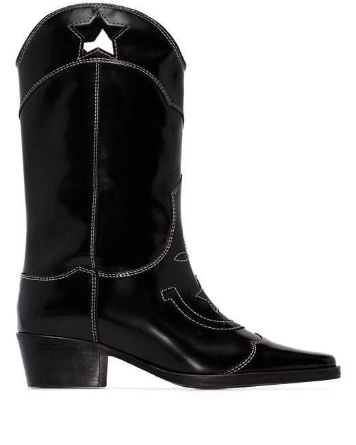Ganni Black Marlyn 50 Cutout Star Leather Cowboy Boots