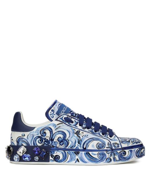 Dolce & Gabbana Blue Majolica-Print Calfskin Portofino Sneakers