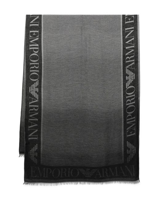 Emporio Armani Gray Schwarzer Schal Mit Logo-Muster Und Fransigen Kanten