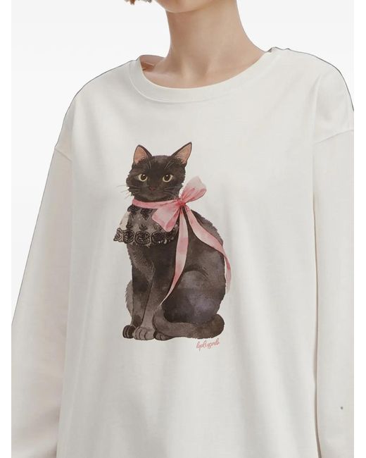 B+ AB White Cat-Print Long-Sleeve T-Shirt