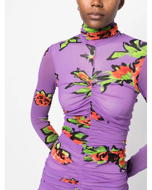 Philosophy Di Lorenzo Serafini Purple Ruched Floral-Print Tulle Dress