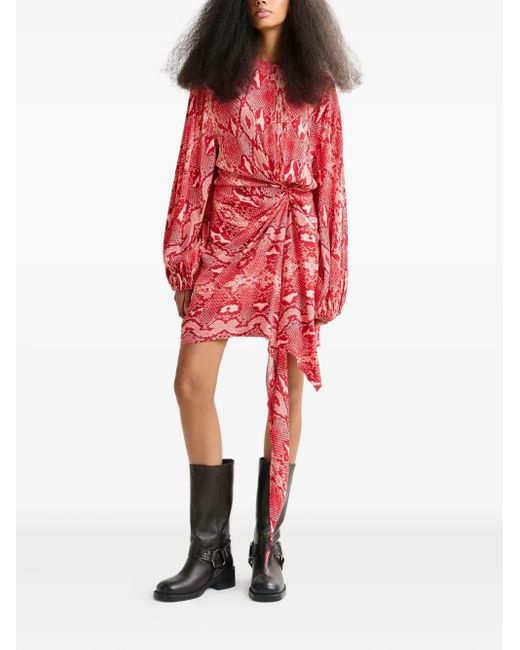 Essentiel Antwerp Red Snake-Print Draped Asymmetric Dress