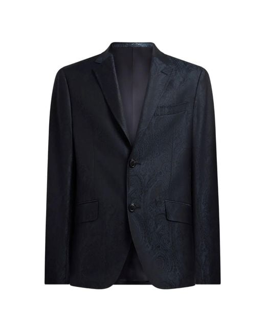 Etro Blue Single-Breasted Wool Jacquard Jacket With Arnica Motif for men
