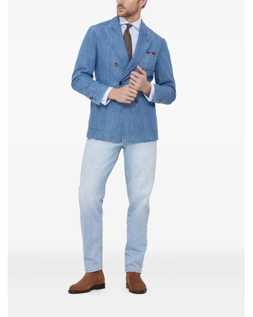 Brunello Cucinelli Blue Denim Double-Breasted Blazer for men