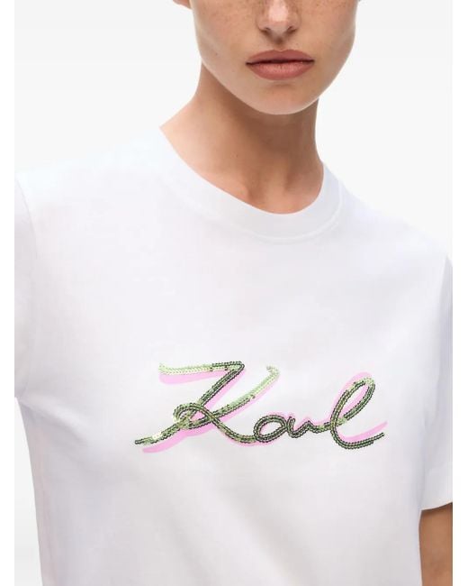 Karl Lagerfeld White Sequin-Signature Organic Cotton T-Shirt