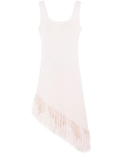 Rabanne White Asymmetric Fringed Linen Midi Dress