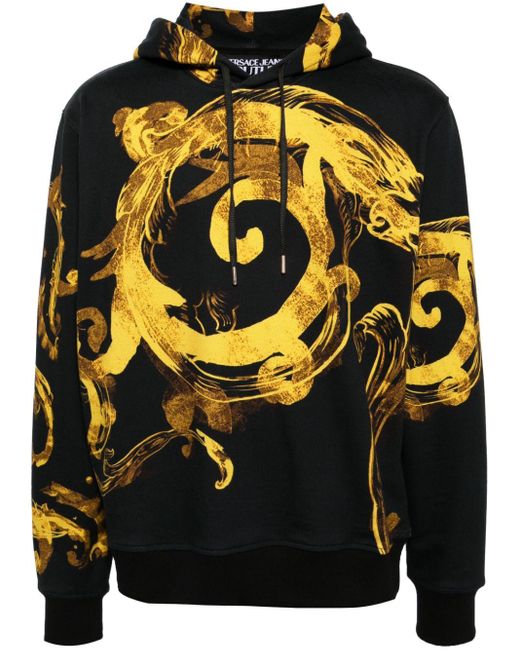 Versace Gray Watercolor Couture Drawstring Hoodie for men
