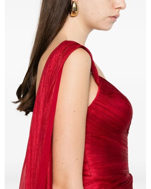 IRIS SERBAN Red Clarice Asymmetric-Sleeve Draped Maxi Dress