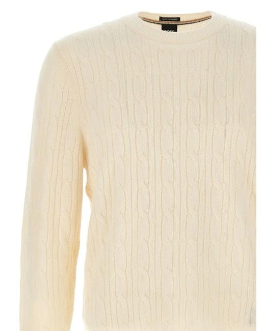 Boss White Cable-Knit Crew-Neck Sweater for men