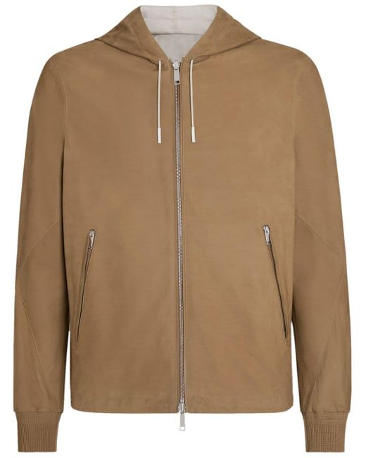 Zegna Brown Hooded Zip-front Leather Jacket for men
