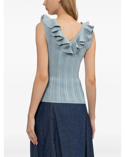 Zimmermann Blue Ruffled Ribbed-Knit Top