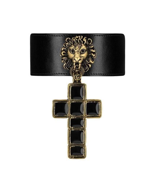 Gucci Black Leather Choker With Cross Pendant