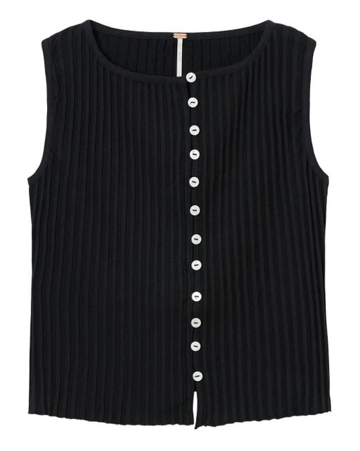 Free People Black Ribbed Buttoned Top