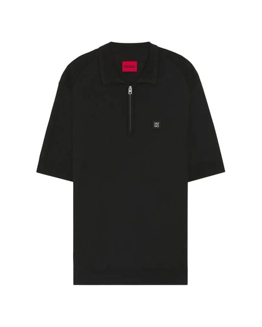 HUGO Black Zip-Fastening Short-Sleeve Polo Shirt for men
