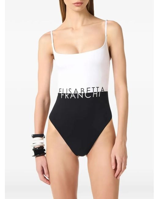 Elisabetta Franchi White Logo-Print Cut-Out Swimsuit