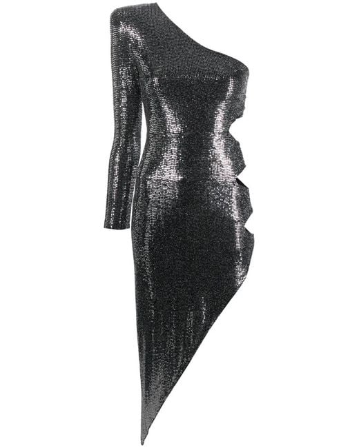 Nissa Black One-Shoulder Sequinned Midi Dress