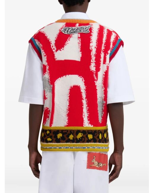 Marni Red Intarsia-Knit Sleeveless Sweater for men