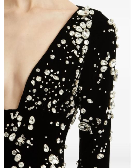Oscar de la Renta Black Crystal-Embellished Velvet Gown