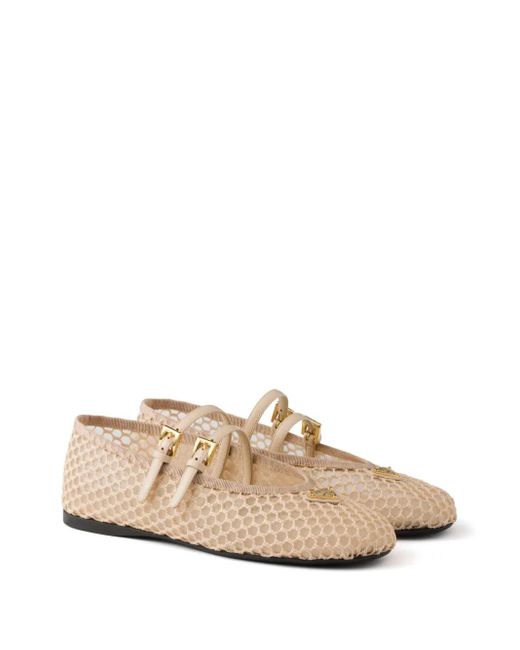 Prada Natural Triangle-Logo Mesh Ballet Flats