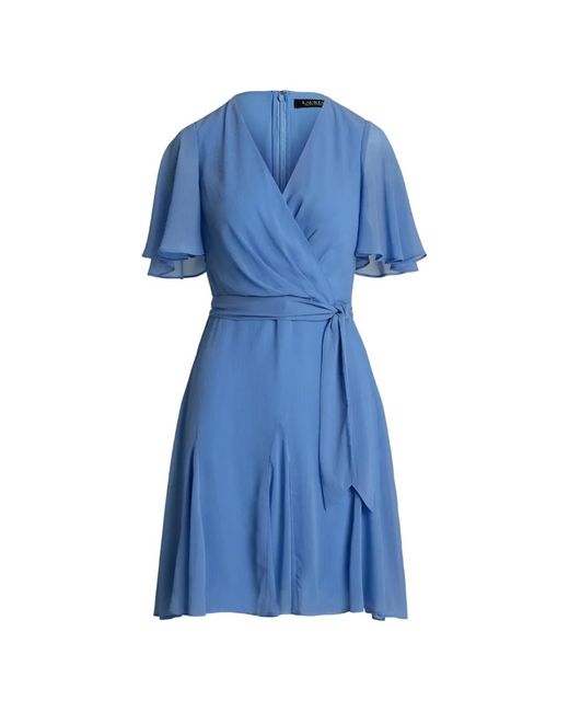 Ralph Lauren Blue Robe Portefeuille Courte À Manches Volantées