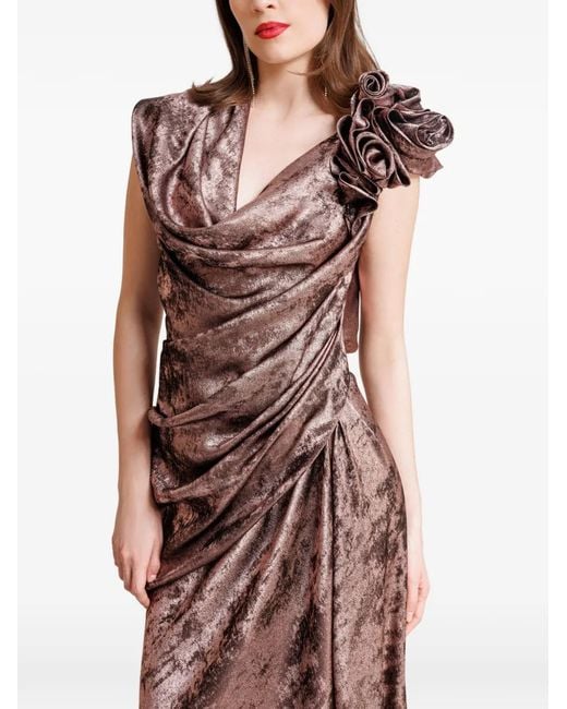 Gemy Maalouf Brown Shimmer Sandwash Flowers Maxi Dress